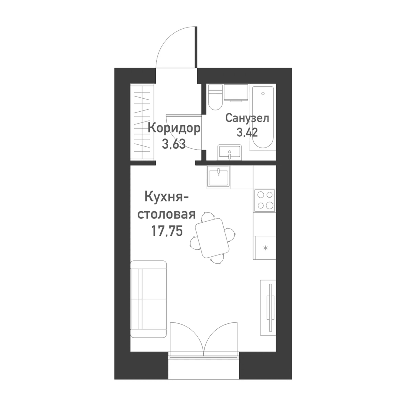 Планировка Студия, 24,8 м² в ЖК Твоя привилегия